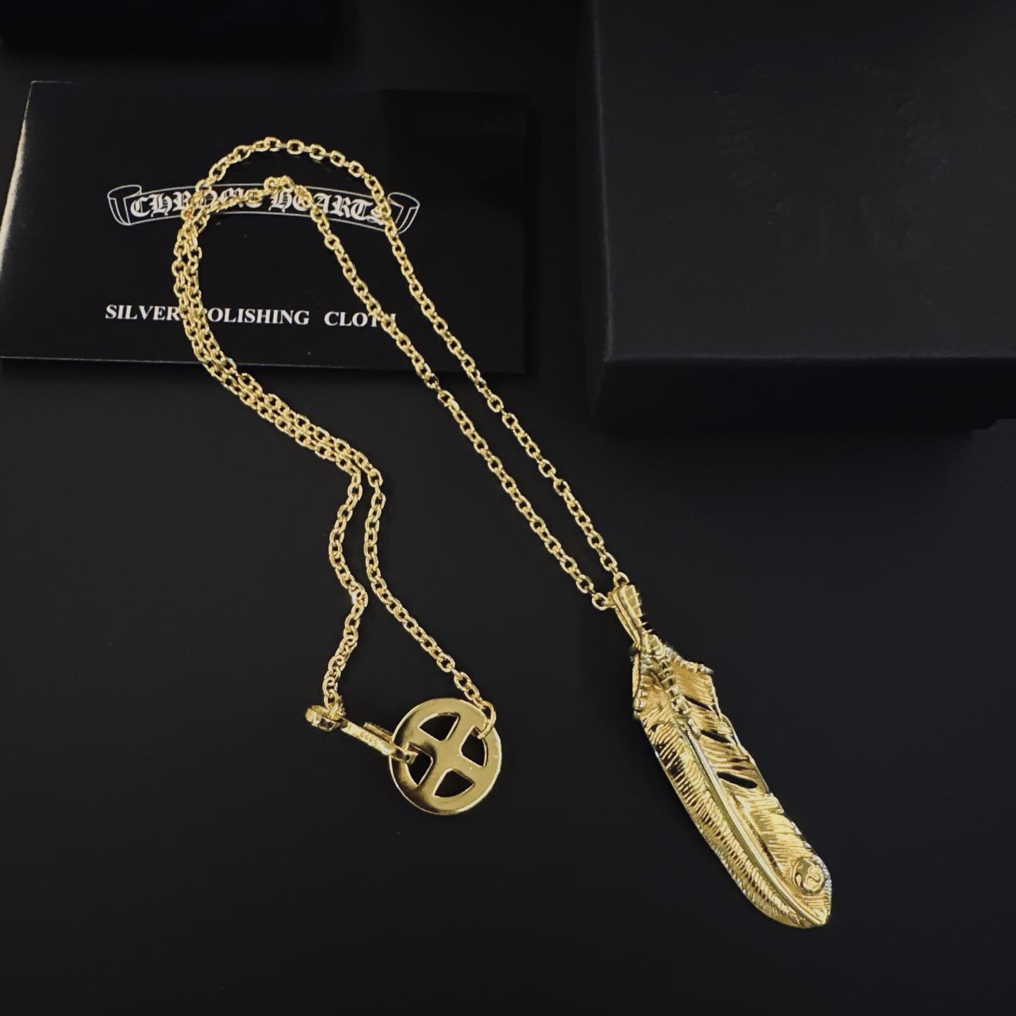 Chrome Hearts Gold Feather and Cross Pendant Necklace